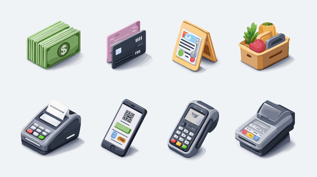 Pixel Art Icons of Payment And Shopping Elements Including Cash Credit Cards and POS Machines