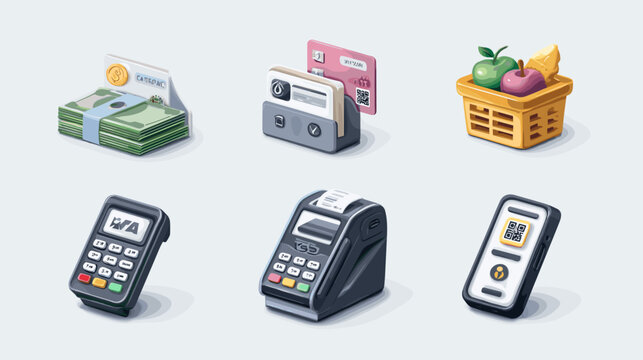 Pixel Art Icons Representing Finance Shopping And Technology With Money Credit Cards POS Machines