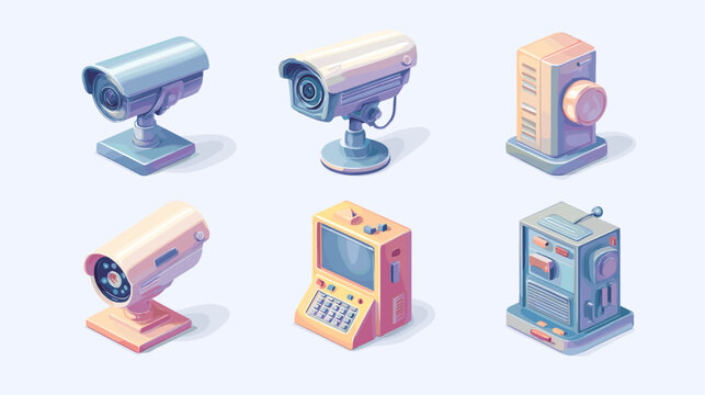Pixel Art Security Cameras and Retro Computer Set Isometric View Soft Color Palette