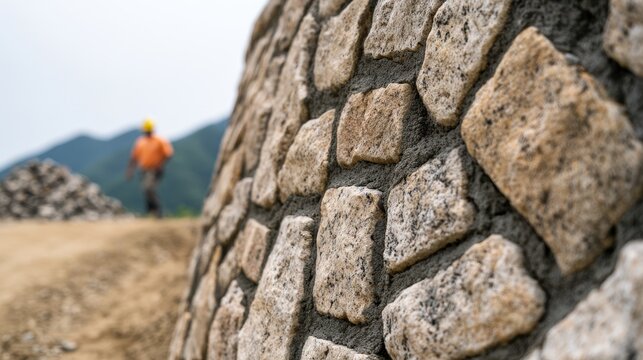 Close up of  rugged stone retaining wall under construction with  blurry worker in the distance