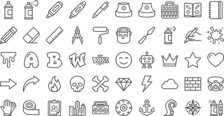 Naklejka premium Urban graffiti culture and street art drawing tools line icon set containing creative studio doodle symbols for graphic designer kits