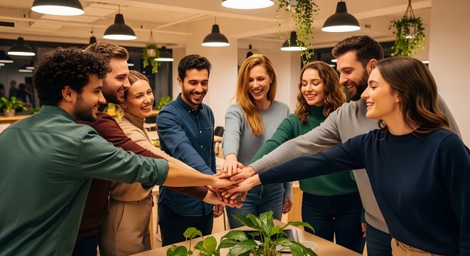 Diverse team of happy coworkers joining hands in a modern office