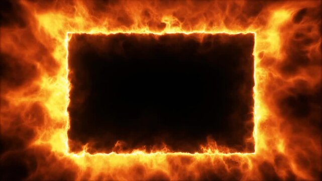 Intense rectangular frame of orange and yellow flames on black background, fiery border radiating energy, chaos, contrast, and focus.