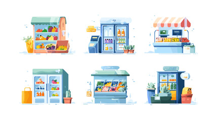 Fototapeta premium Six Storefronts and Refrigerated Displays Filled With Fresh Produce and Drinks