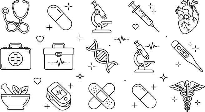 Medical and healthcare line icon set featuring stethoscope microscope anatomical heart dna helix syringe thermometer and oximeter vector