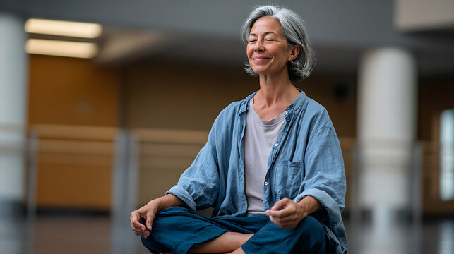 tranquil portrait of gray haired woman meditating peacefully in minimalist sunlit interior suitable for wellness