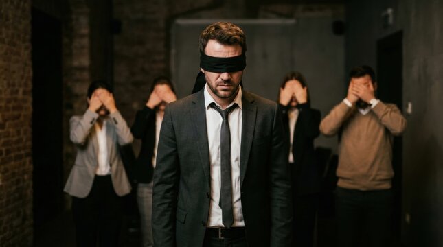 Businessman in blindfold stands among group of covered The pressure from negative stereotypes can reduce ability
