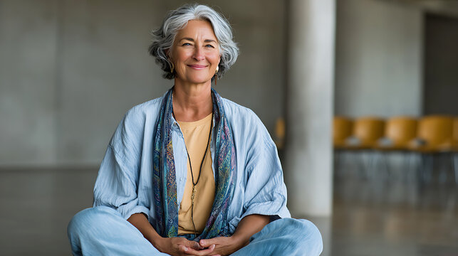 peaceful mature woman sitting cross legged meditating calmly in bright sunlit empty room perfect for wellness 