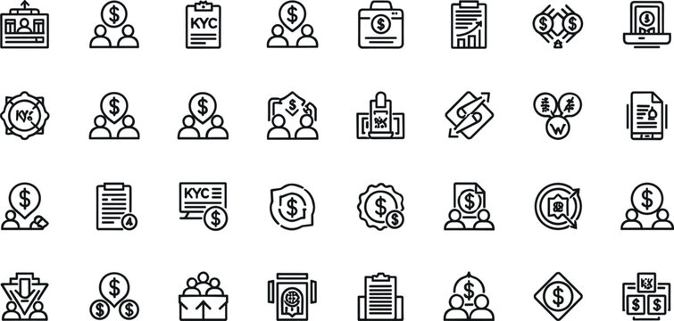  KYC banking compliance line icon set featuring user identity verification secure financial account documents corporate web UI vector design