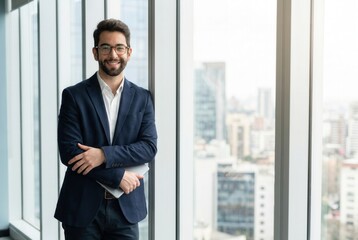 Fototapeta premium Businessman holding a tablet and smiling, standing by a corporate office window