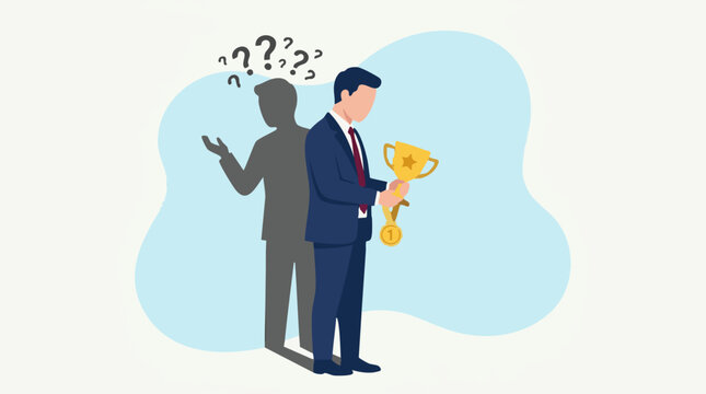 Businessman holding trophy, grappling with self-doubt and internal questions