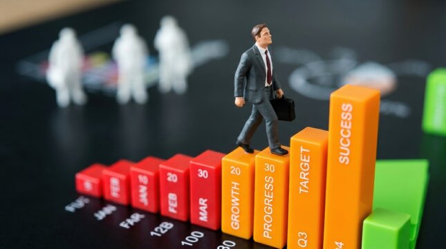 Businessman figurine with briefcase climbing bar graph symbolizing Highlights growing requirement for employees relevant skills