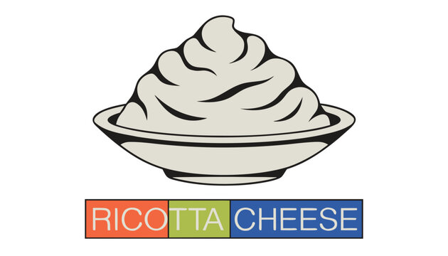 Very beautiful black and white vector of RICOTTA CHEESE featuring soft creamy texture in a serving bowl, isolated on white background, with a bold label reading "RICOTTA CHEESE" beneath.