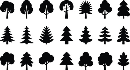 Assortment of Black Silhouette Trees and Pine Trees on White Background vector illustration © ripon29