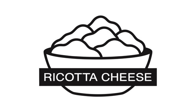 Very beautiful black and white vector of RICOTTA CHEESE featuring soft creamy texture in a serving bowl, isolated on white background, with a bold label reading "RICOTTA CHEESE" beneath.