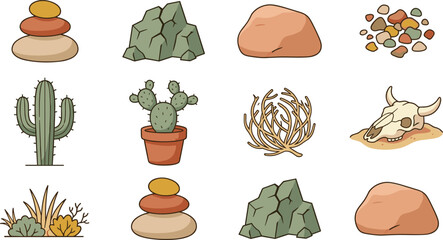 Desert landscape elements vector illustration set featuring saguaro cactus potted prickly pear rocks tumbleweed gravel and cow skull isolated on white background. © Shefali