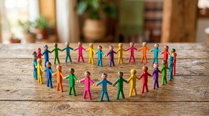 Fototapeta premium Cheerful and playful small wooden figures in a Community organizations partner with or benefit from service