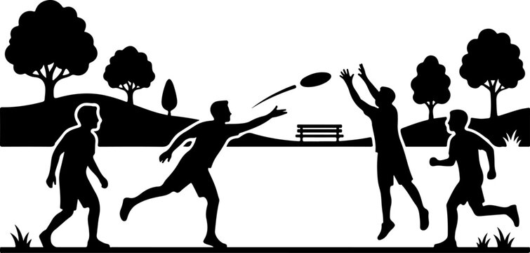 Silhouette of friends playing frisbee in a park with trees and a bench vector illustration