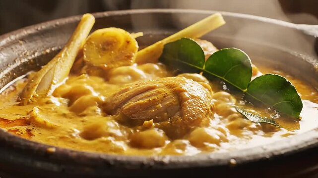 Traditional Indonesian chicken gulai simmering in a creamy coconut curry with aromatic herbs and natural steam.