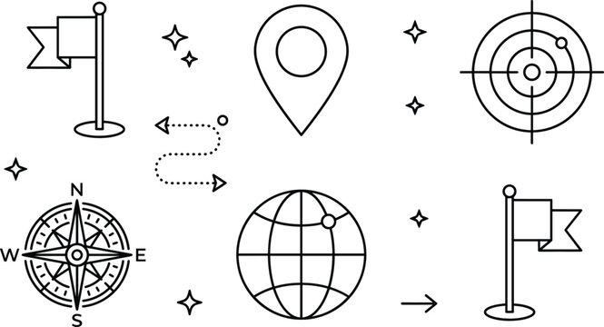 Navigation and global location line icon set featuring flags map pin radar crosshair compass rose and globe vector