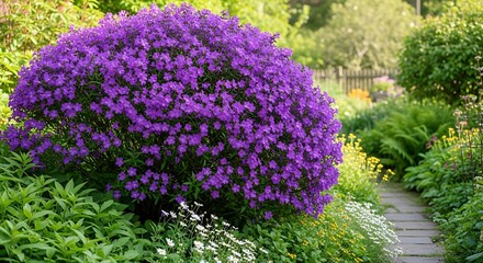 Obraz premium Beautiful purple lilac bush in a vibrant garden landscape with green foliage and pathway