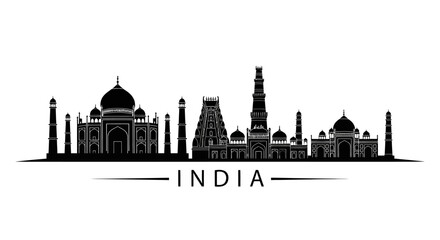 Fototapeta premium India Skyline Silhouette Vector: Taj Mahal, Temples, Icons