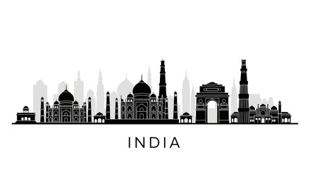 Obraz premium Iconic India Landmarks Silhouette Skyline - Taj Mahal, India Gate, Temples