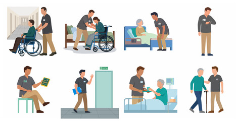 Fototapeta premium Professional male caregivers assisting elderly patients in a nursing home or hospital set, medical staff providing care and support to senior people, flat vector illustration