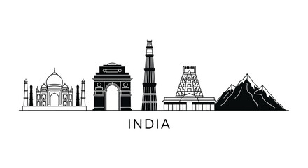 Obraz premium India Landmark Skyline Silhouette - Taj Mahal, India Gate, Qutub Minar, Temples, Mountains