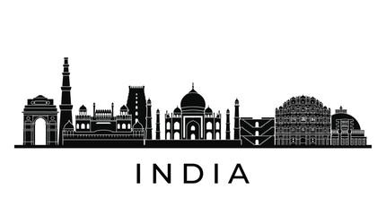 Obraz premium India Famous Landmarks Silhouette Skyline Illustration