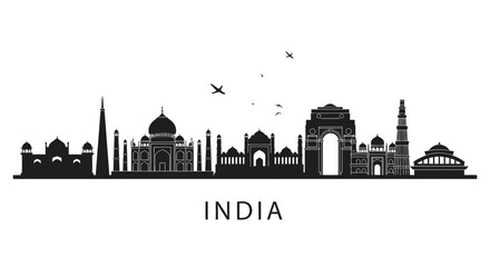 Obraz premium India Cityscape Silhouette: Taj Mahal, Gateway of India, Iconic Landmarks