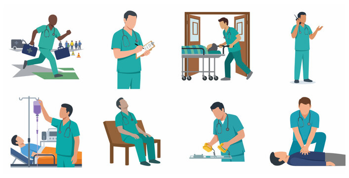 Emergency medical services character set featuring paramedics performing CPR, life-saving procedures, and hospital duties in flat vector style.