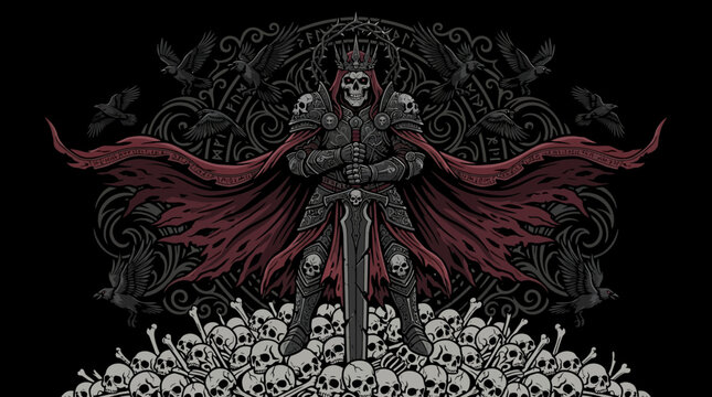 Skeleton King Warrior Armor Sword Crown Ravens Skulls Dark Fantasy Art