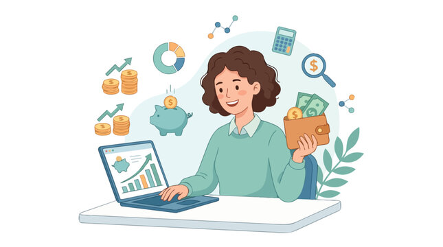 Woman managing personal finance and savings using laptop.