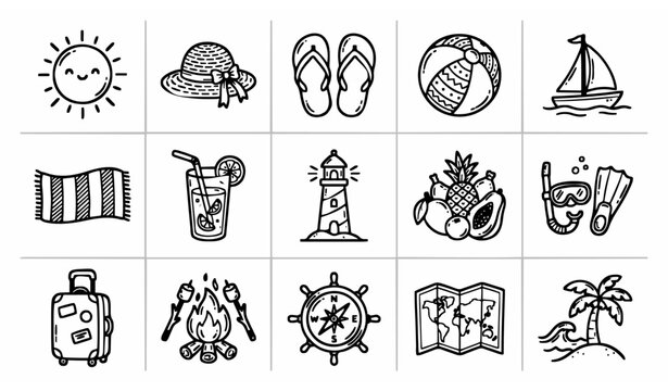 Cute summer vacation doodle line art icon collection beach travel elements sun sea and holiday objects vector illustration on white background