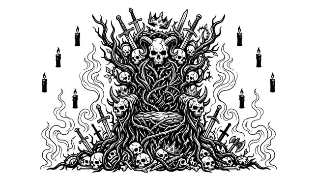 Dark Skull Throne with Swords and Candles, Gothic Fantasy Art
