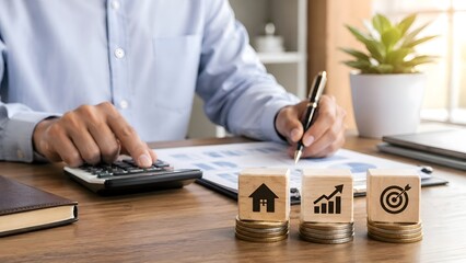 Fototapeta premium Business planning and financial growth analysis with calculator, charts, and goal setting