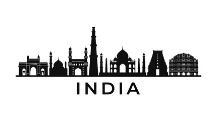 Naklejka premium India Skyline Silhouette: Famous Landmarks and Architecture