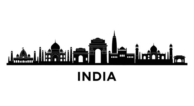 India Skyline Silhouette Black and White - Famous Landmarks, Taj Mahal, India Gate