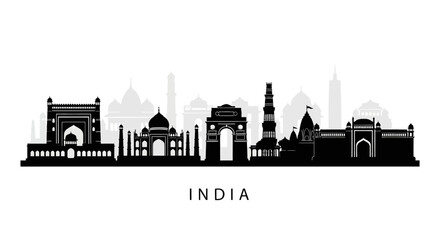 Obraz premium India Skyline Silhouette: Iconic Landmarks in Black and White