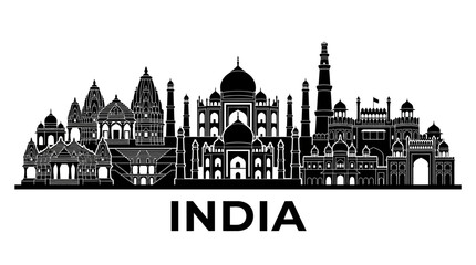 Obraz premium India Skyline Silhouette: Taj Mahal, Iconic Landmarks, Travel, India Gate, Black & White