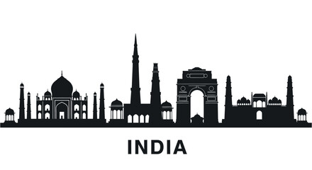 Fototapeta premium India Skyline Silhouette: Taj Mahal, India Gate & Famous Landmarks