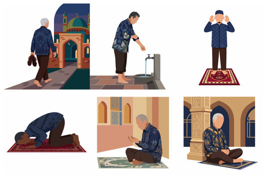 Collection of illustrations showing a Muslim man performing religious activities including walking to mosque, wudu, and praying on a mat