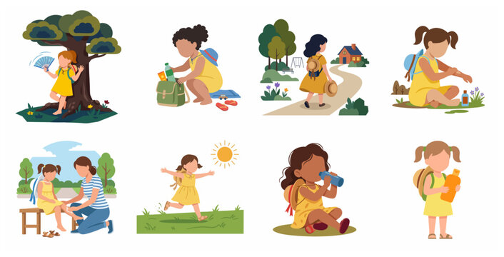 Kids Summer Activities and Sun Safety Illustration Set Featuring Girls Playing, Hydrating, and Using Sunscreen Outdoors
