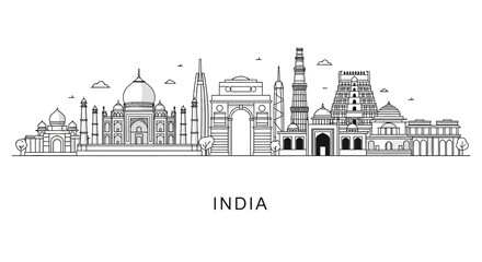 Obraz premium India Skyline Silhouette: Taj Mahal, India Gate, Temples - Vector Art Outline