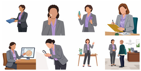 Fototapeta premium Professional female dermatologist flat vector illustration set, skincare consultation and medical clinic concept with doctor character in various poses