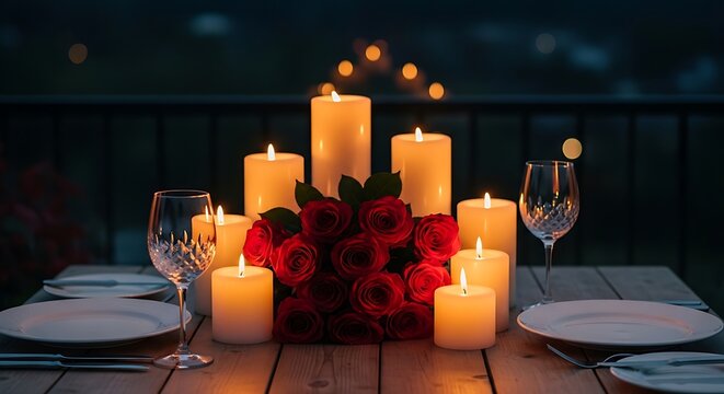 Romantic dinner setup with candles and red roses on wooden table at night