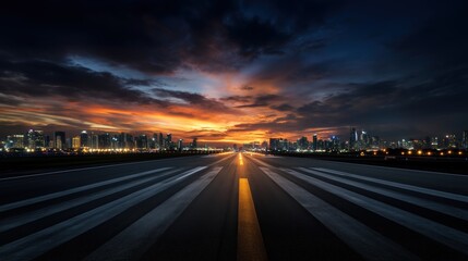 Fototapeta premium Urban skyline at dusk with illuminated buildings and a wide runway leading towards a vibrant sunset over a cityscape in the background