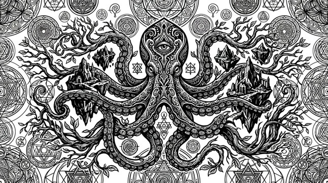 Mystical Octopus with Sacred Geometry and Cosmic Tree - Esoteric Art
