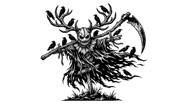 Scary Grim Reaper Scarecrow with Antlers and Crows, Dark Vector Art